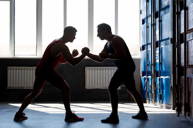 Men demonstrating wrestling combat moves